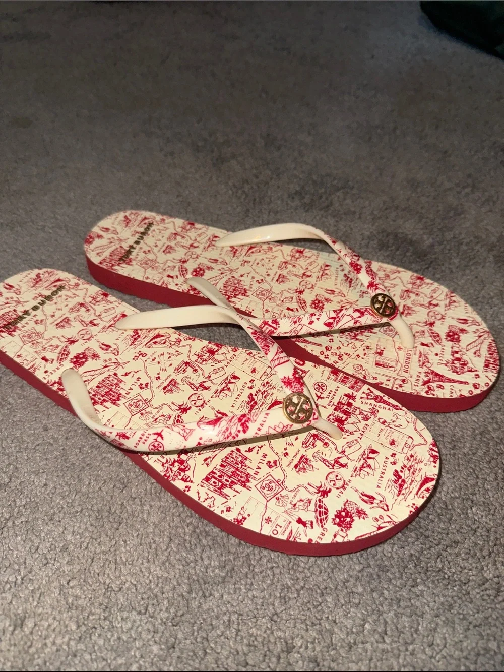 Tory Burch Cream & Red Printed Logo Flip Flops